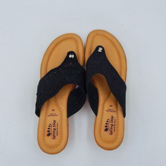 Spring Step Womens Tiffany Black Floral Cutout Leather Thong Sandal Sz 39 (8.5) - Picture 10 of 11